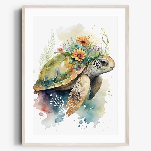 Art | Cute Floral Sea Turtle Watercolor Wall Art Illustration Print ...
